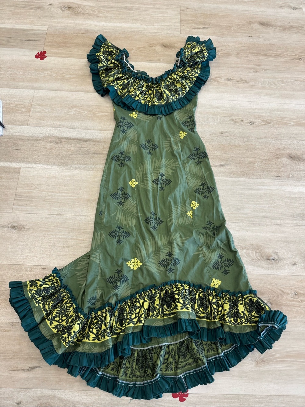 Green Floral High-Low Ruffle Maxi Dress